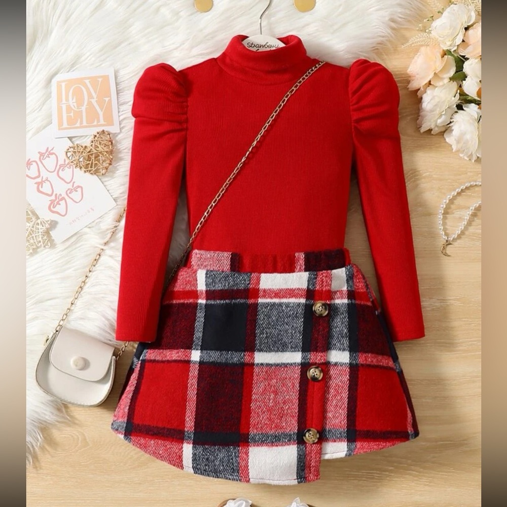 Two piece brand new shein outfit big girl set 8y red outfit plaid button skirt
